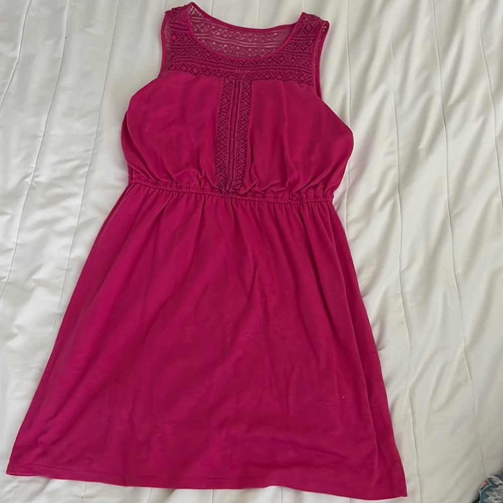 Hot Pink Summer Dress with Crochet Straps. Sleeveless and cinched waist